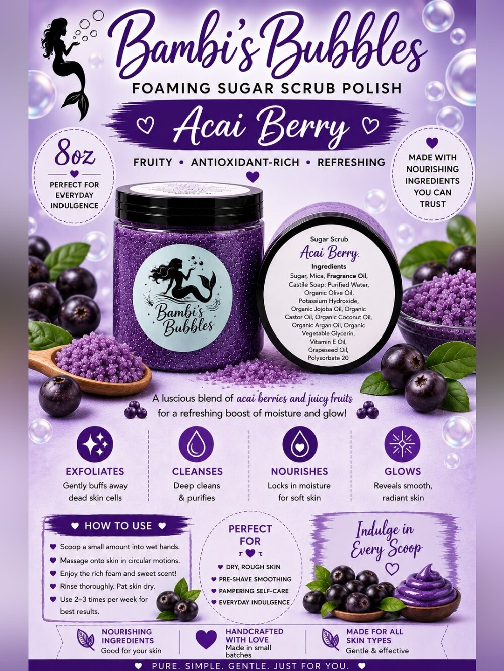 Acai Berry 8oz Hand Crafted Foaming Sugar Polish Scrub